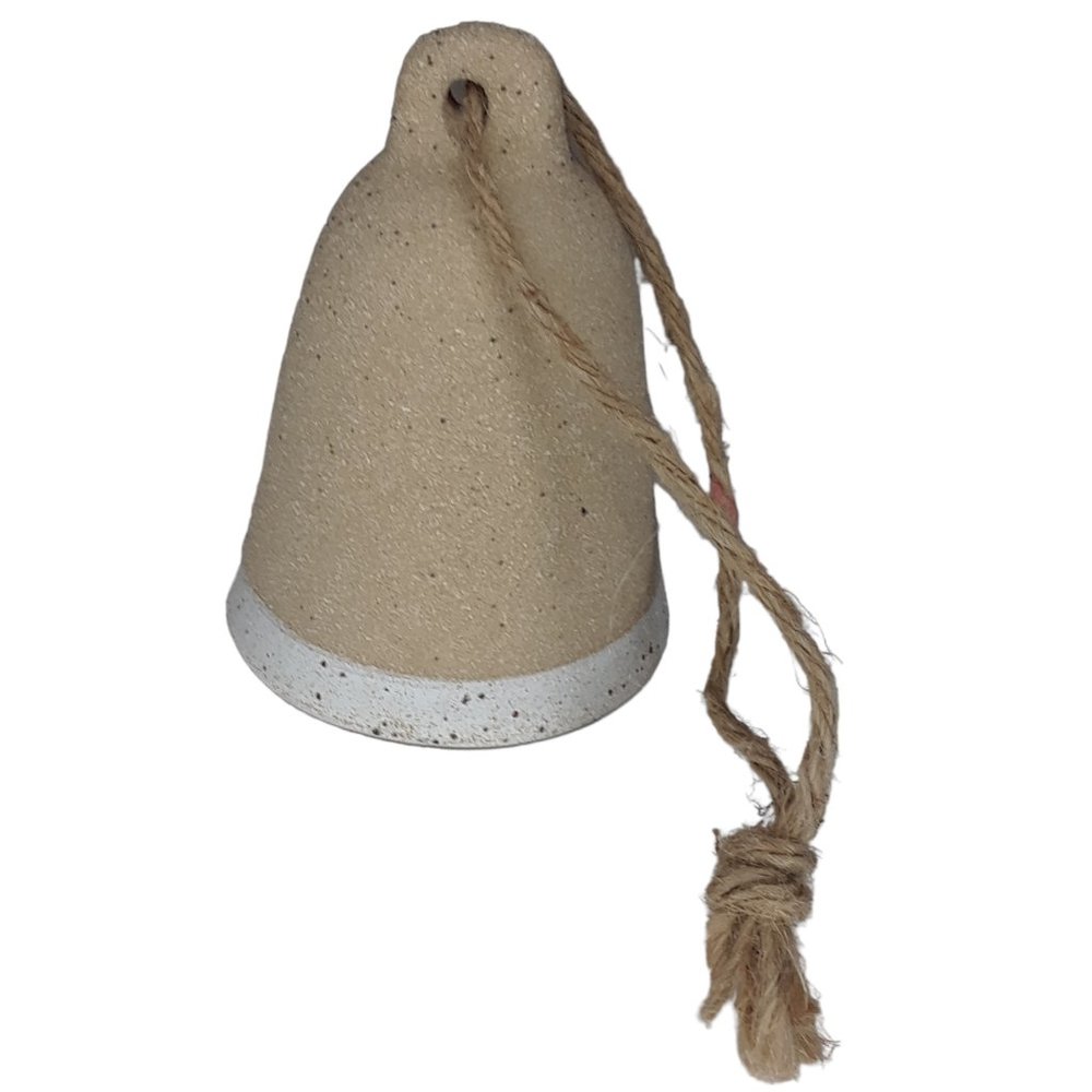 Ceramic Coastal Stoneware Bell Tan with White Stripe and Jute Rope